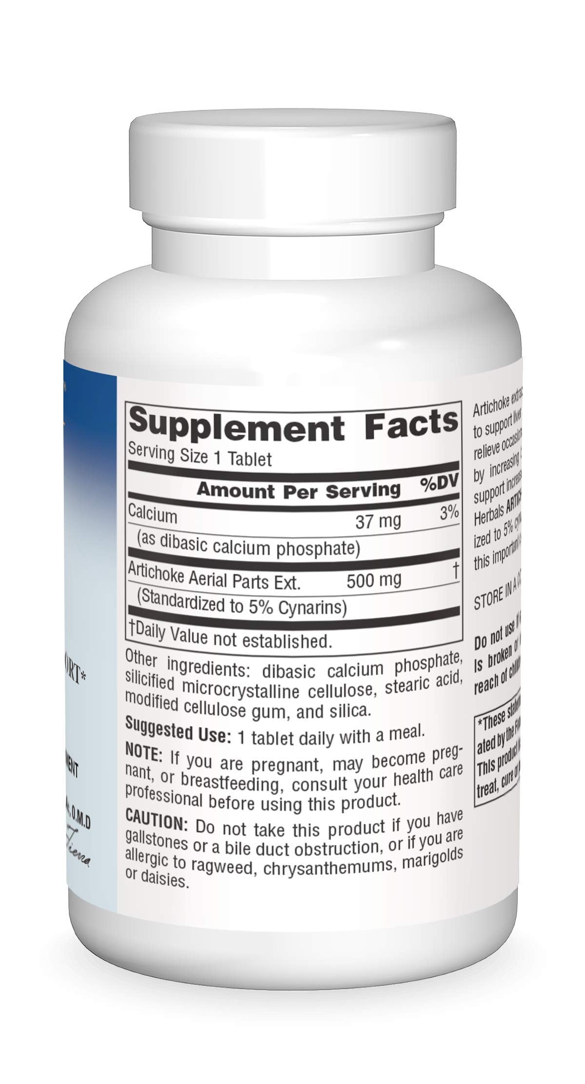 Supplement facts and standardization details on the back of Planetary Herbals Artichoke Extract