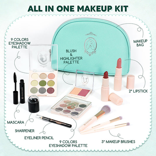 Color Nymph beginner cosmetics set layout detailing twenty eyeshadow shades and brushes