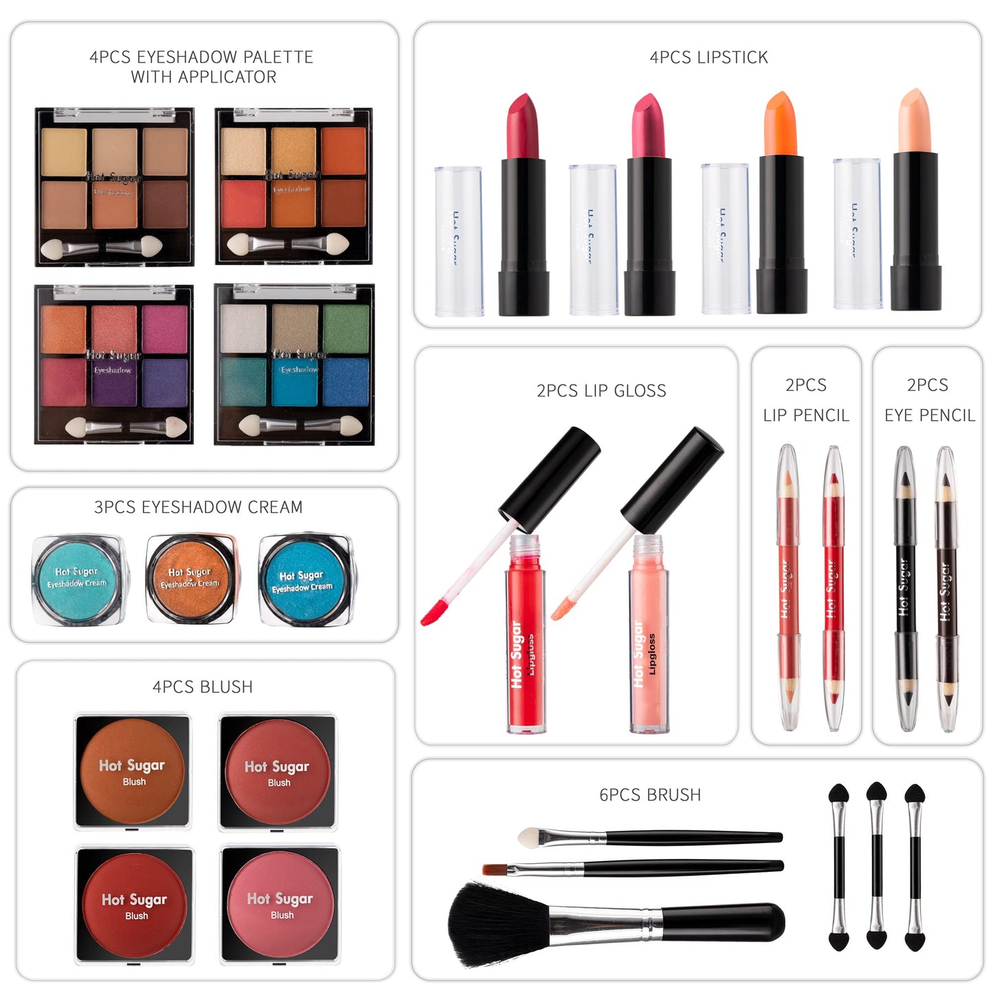 Hot Sugar starter makeup organizer showing the included applicator brushes and lip gloss tubes.