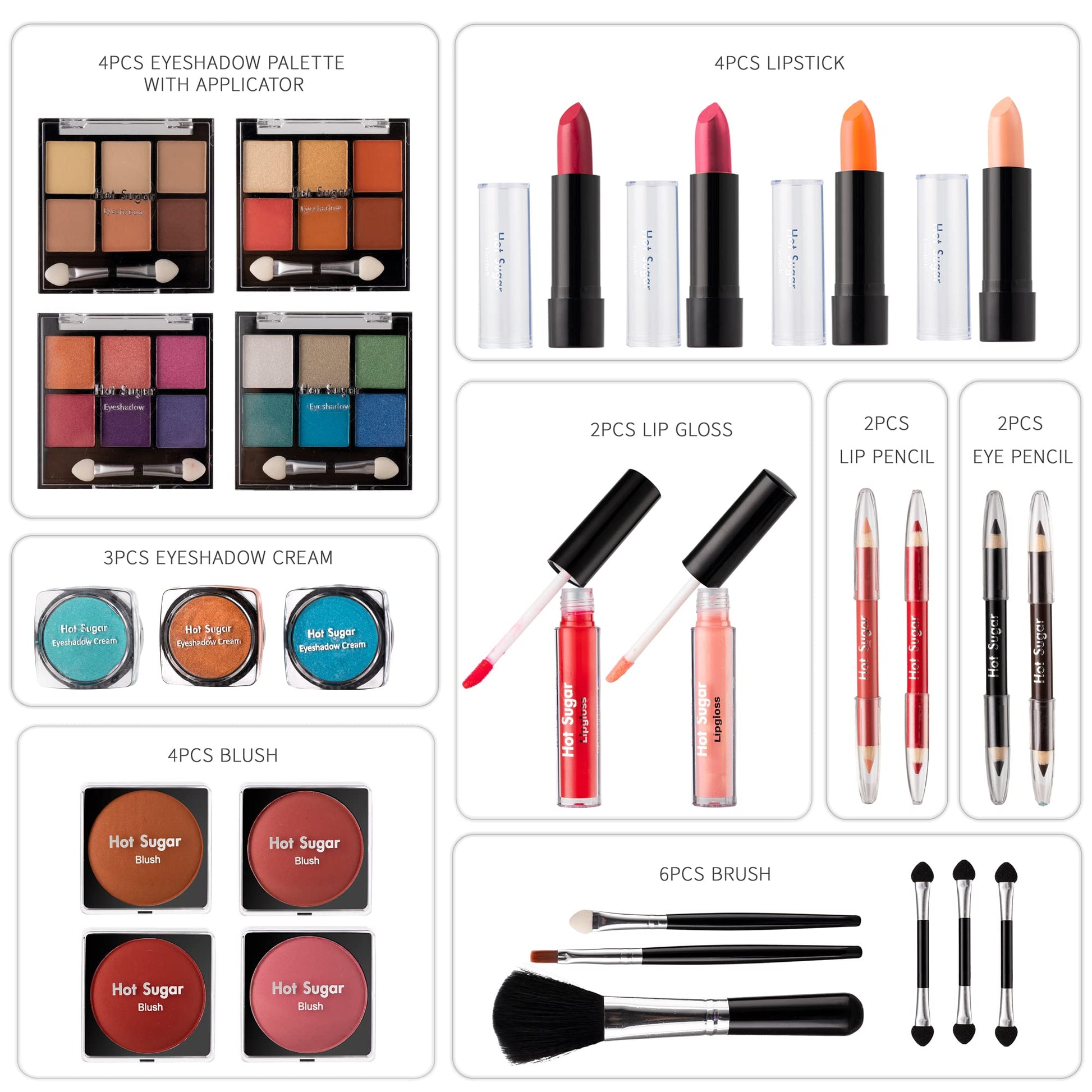 Hot Sugar starter makeup organizer showing the included applicator brushes and lip gloss tubes.