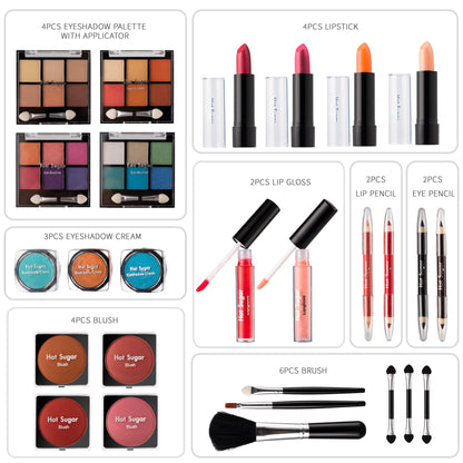 Hot Sugar starter makeup organizer showing the included applicator brushes and lip gloss tubes.