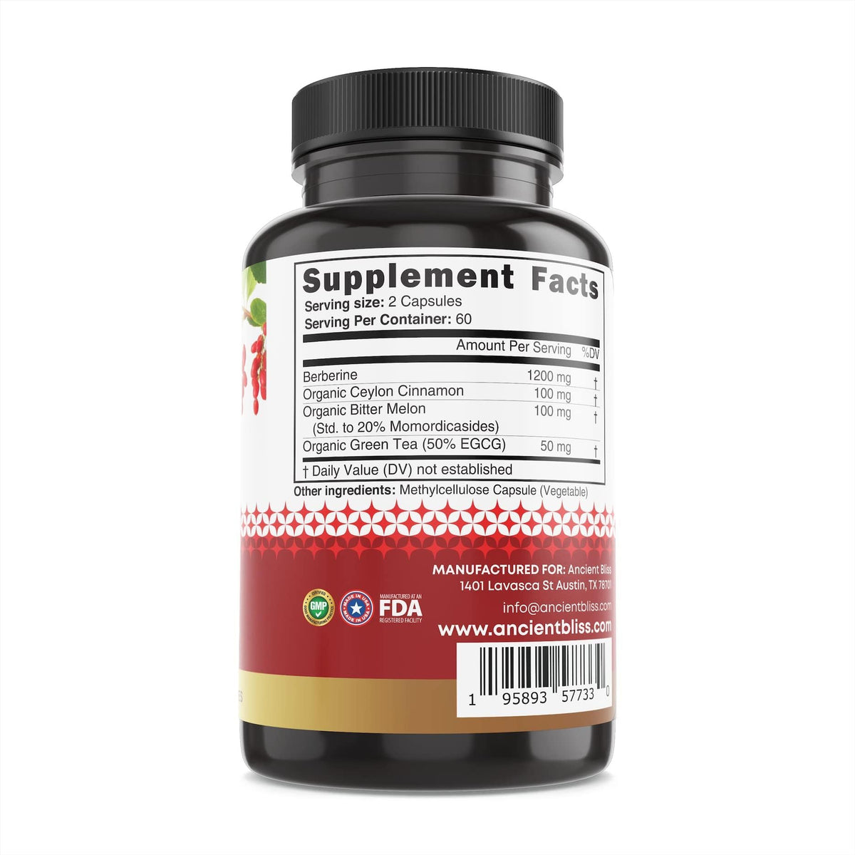 Ancient Bliss Berberine 120 capsule bottle side profile