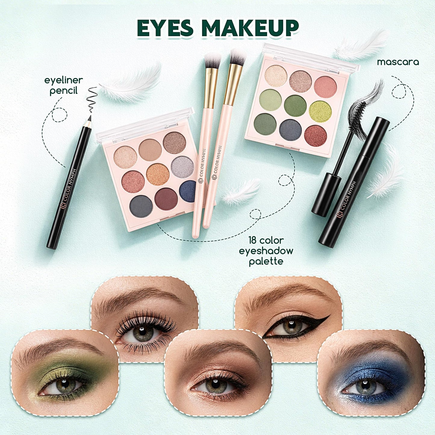 Color Nymph eyeshadow palette close up view demonstrating matte and shimmer pigments