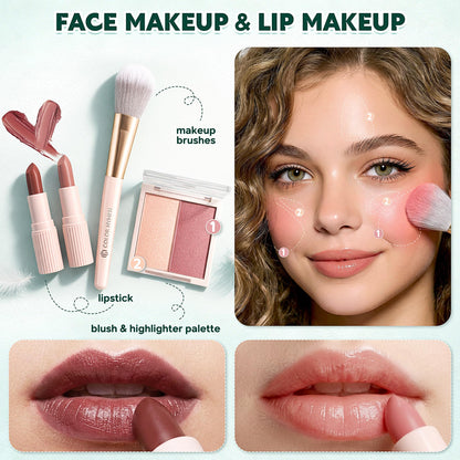Color Nymph portable travel cosmetics case zipped closed alongside eyeliner and mascara