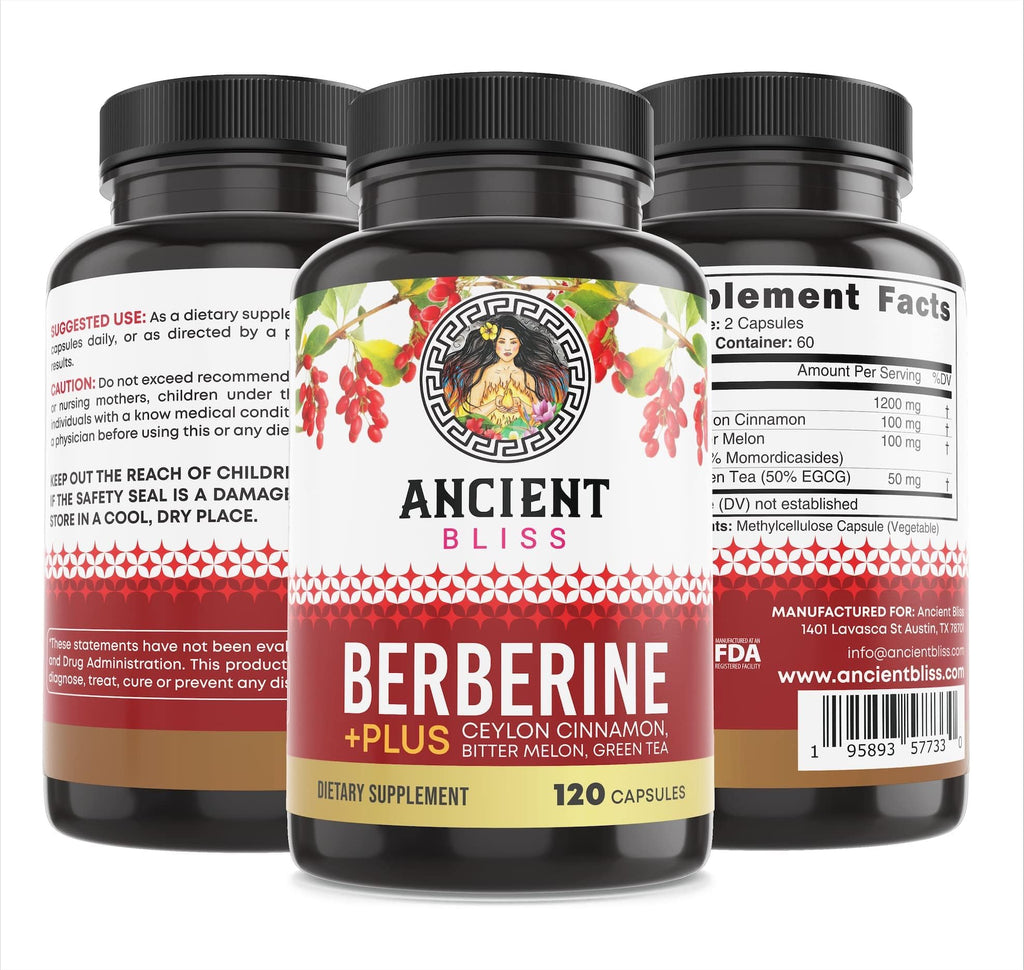 Back view of Ancient Bliss Berberine HCL dietary supplement bottle