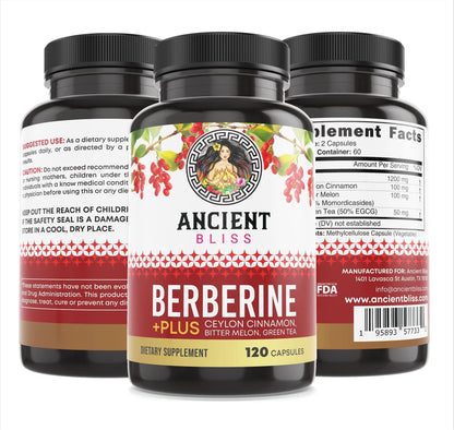 Back view of Ancient Bliss Berberine HCL dietary supplement bottle