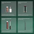 Shimmering brown glossy lip balm with plum shift opened next to its official collection packaging