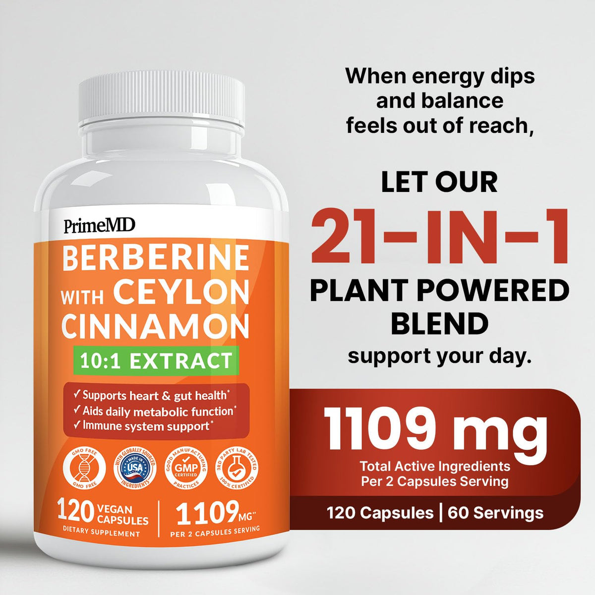 PrimeMD 21-in-1 Berberine supplement bottle label details