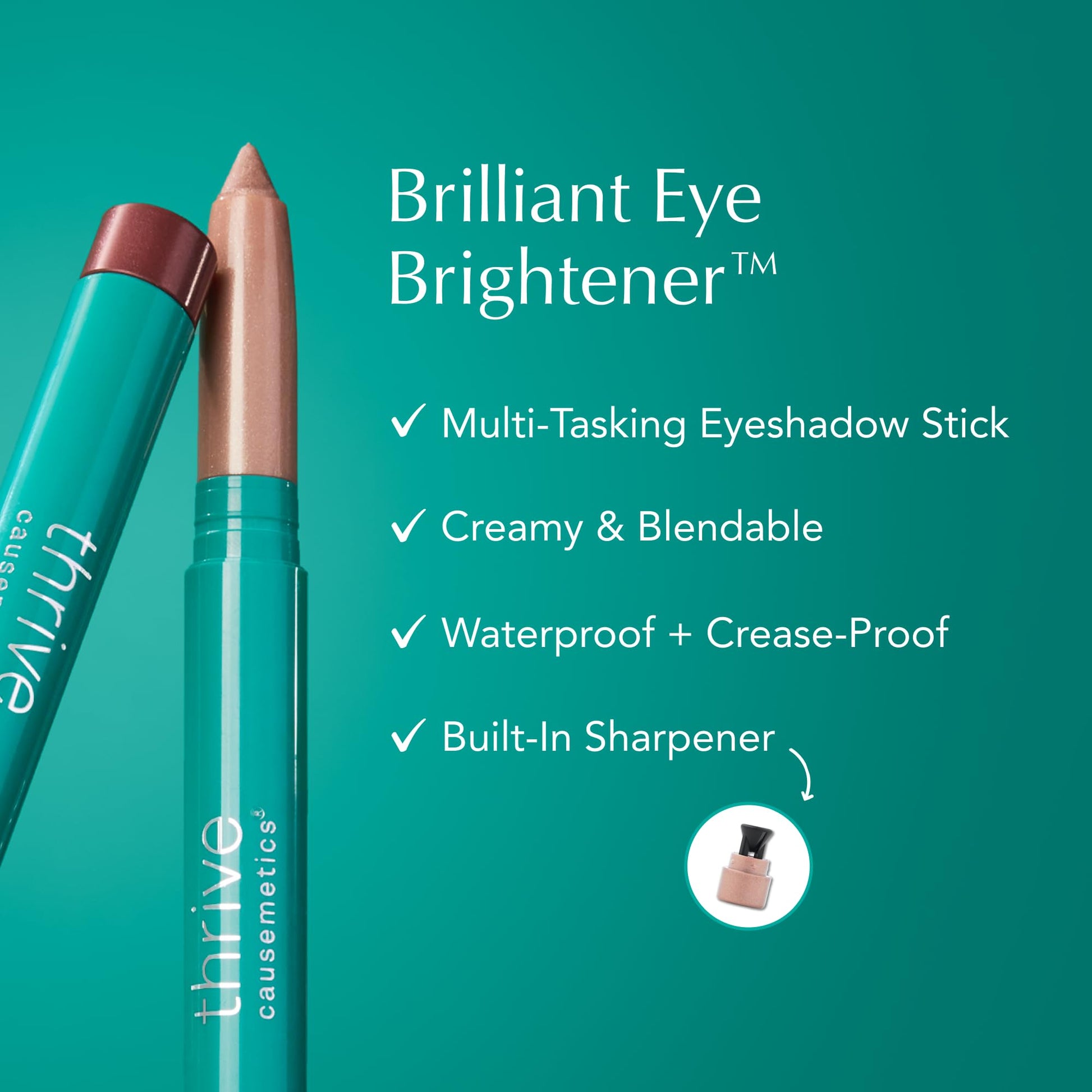 Thrive Causemetics eyeshadow stick shades Estrella Joni and Anise swatched on skin.