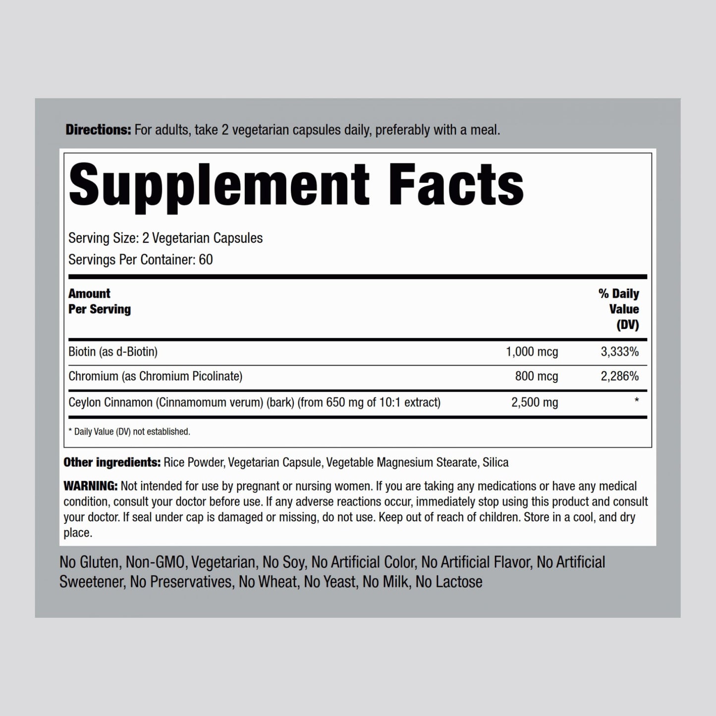 Piping Rock Ceylon Cinnamon supplement facts label