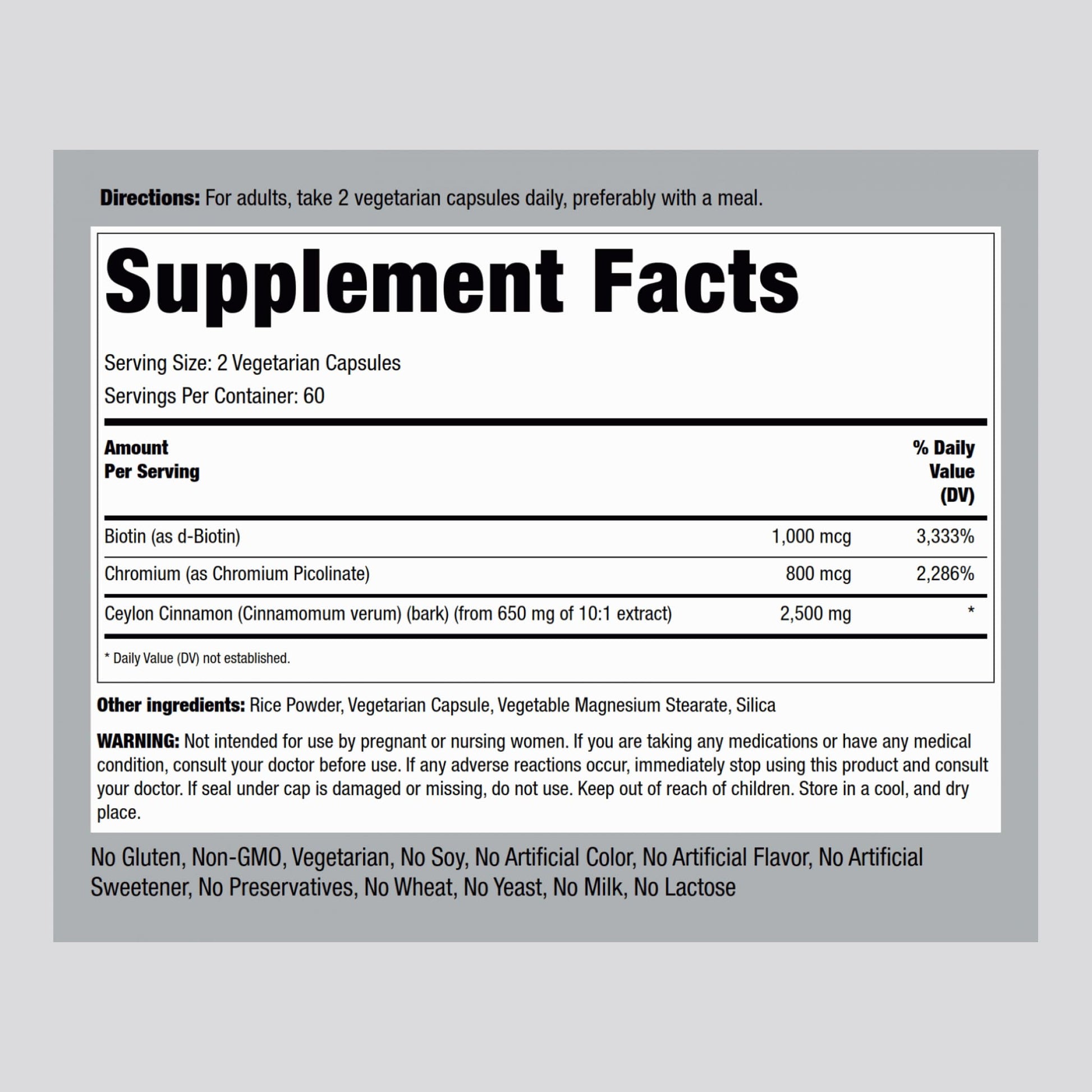 Piping Rock Ceylon Cinnamon supplement facts label