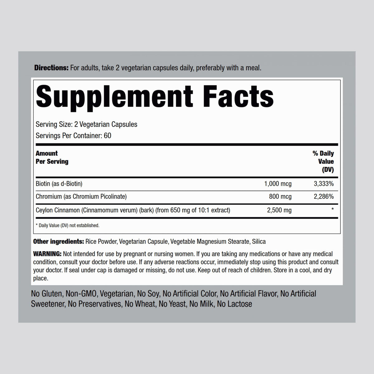 Piping Rock Ceylon Cinnamon supplement facts label