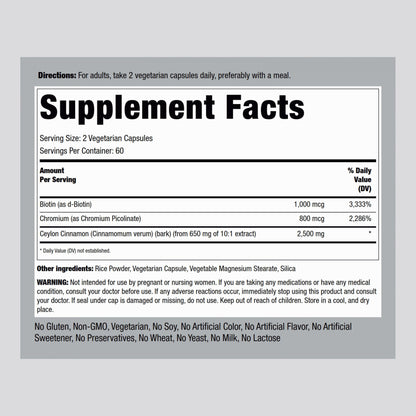 Piping Rock Ceylon Cinnamon supplement facts label