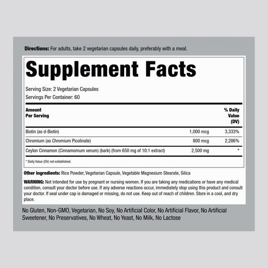 Piping Rock Ceylon Cinnamon supplement facts label