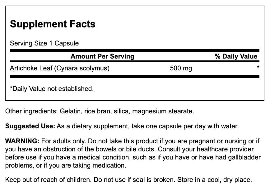 Supplement facts and ingredients label on the back of Swanson Artichoke Leaves 500mg bottle