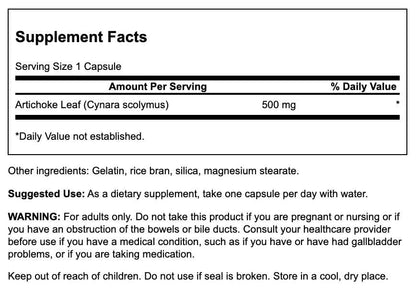 Supplement facts and ingredients label on the back of Swanson Artichoke Leaves 500mg bottle