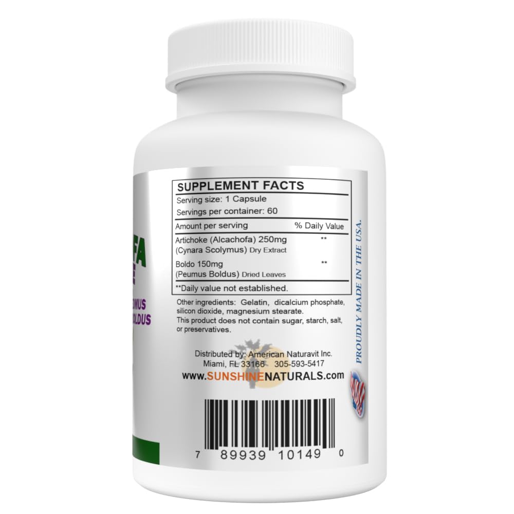Back label of Sunshine Naturals Artichoke showing pure herbal ingredients and dosage instructions.