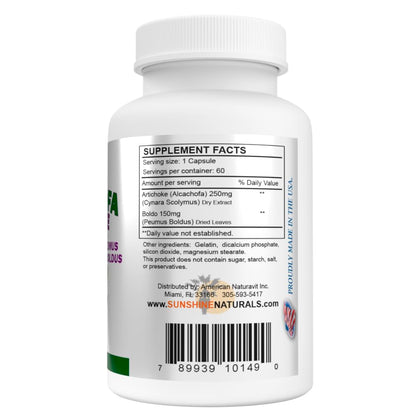 Back label of Sunshine Naturals Artichoke showing pure herbal ingredients and dosage instructions.