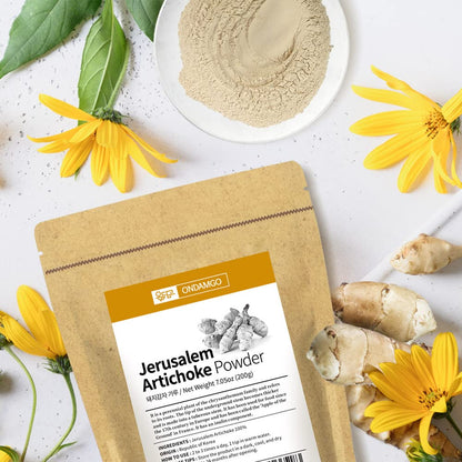 Back label of ONDAMGO Jerusalem Artichoke Powder detailing 100 percent natural ingredients.