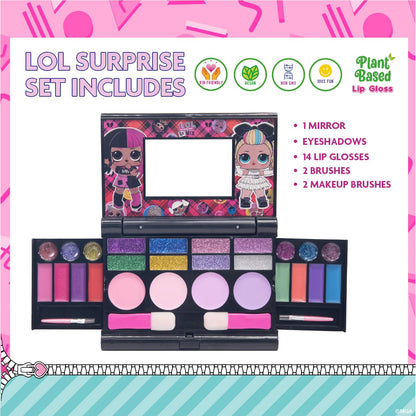 Townley Girl child safe washable makeup kit opened up with colorful lip glosses and blushes