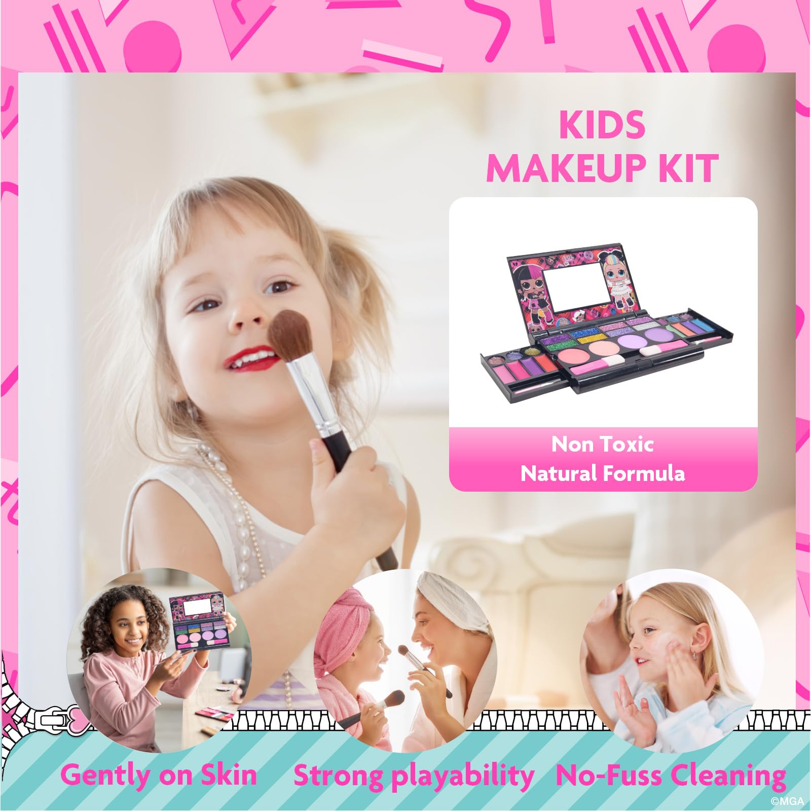 Townley Girl kids makeup set showing close up of the included makeup brushes and shimmers