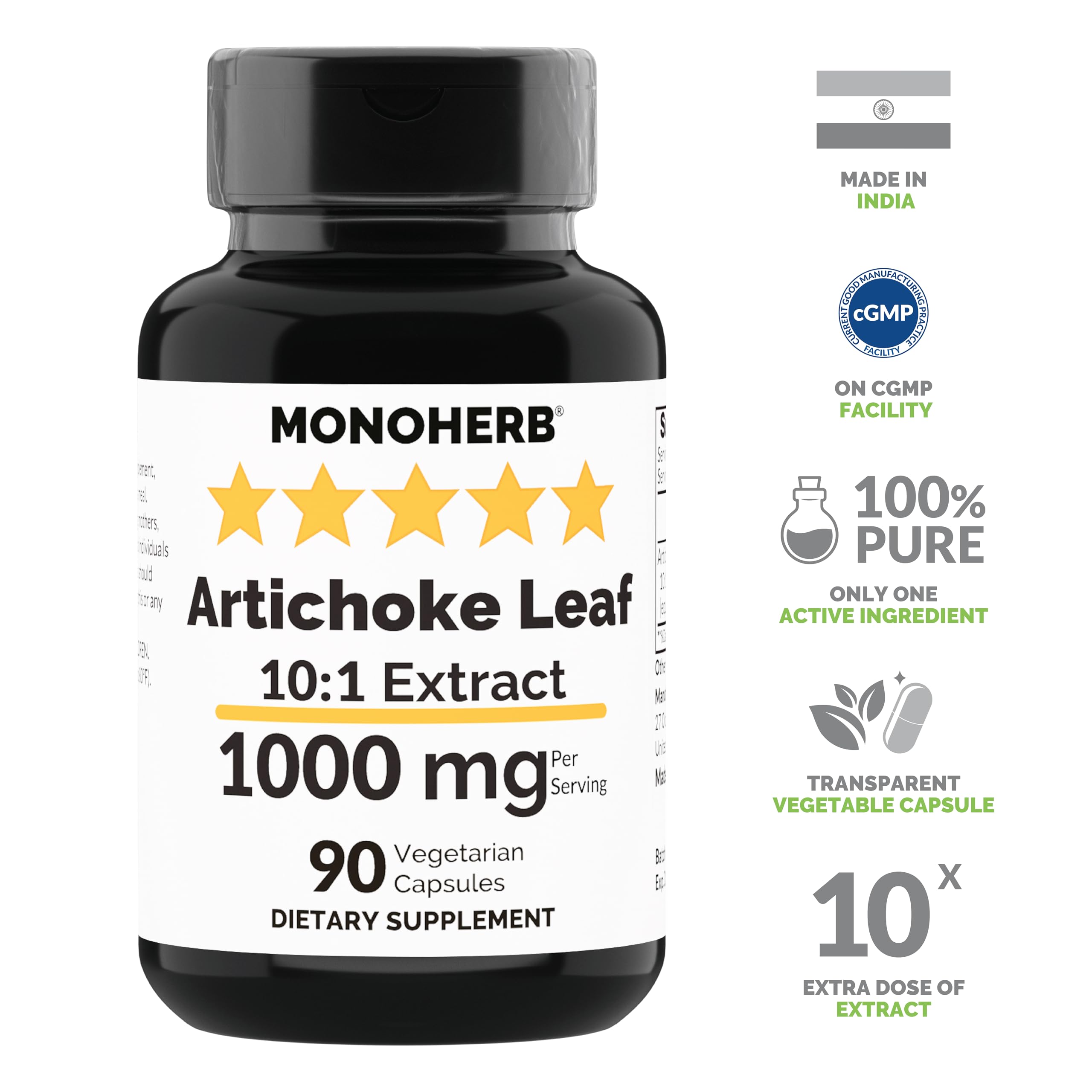Monoherb Artichoke Leaf 10:1 Extract 90 vegetarian capsules supplement facts and ingredient label