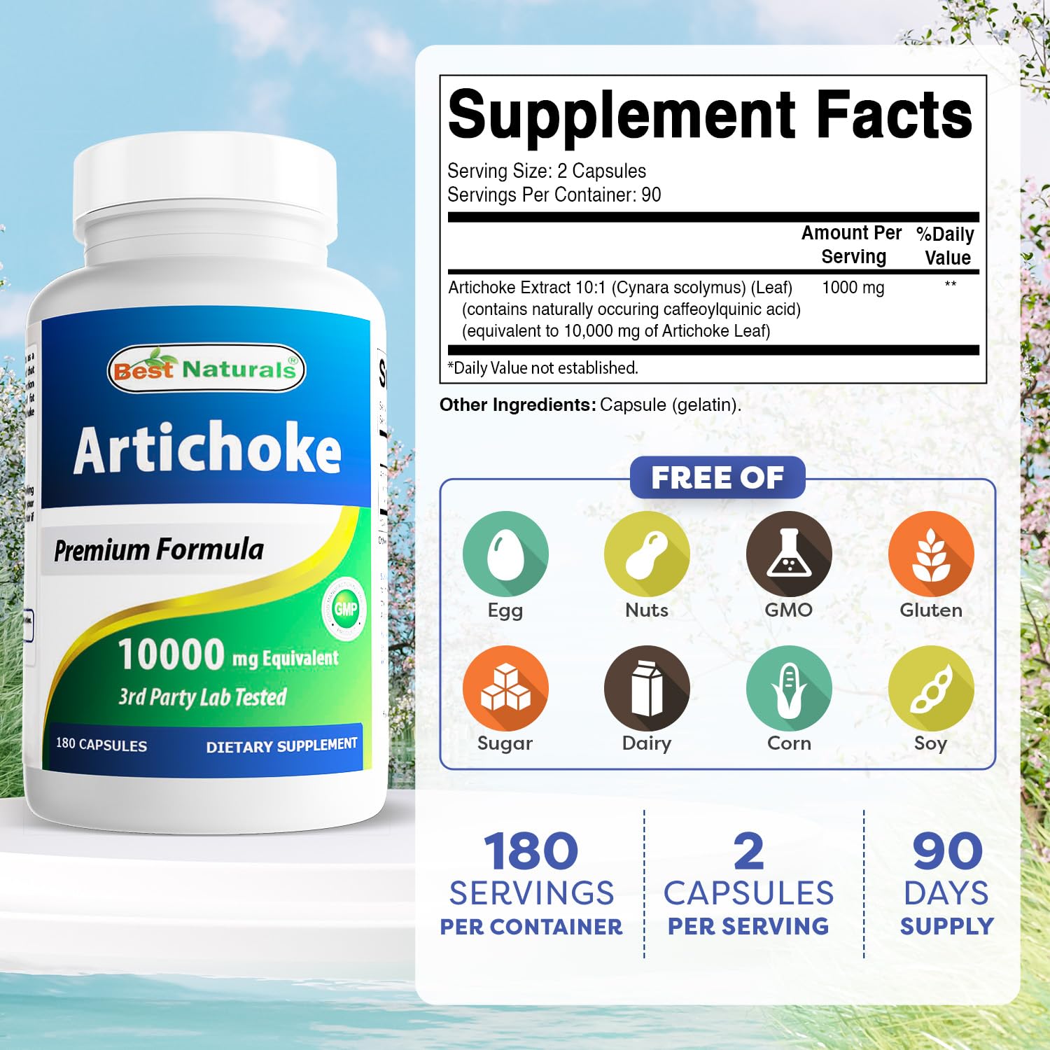 Best Naturals Artichoke 180 capsules packaging displaying product facts and directions.