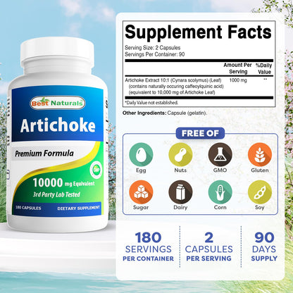 Best Naturals Artichoke 180 capsules packaging displaying product facts and directions.