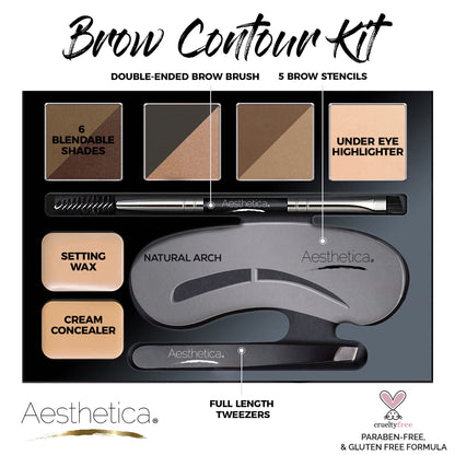 Aesthetica eyebrow makeup kit showing six blendable powders and grooming tweezers.