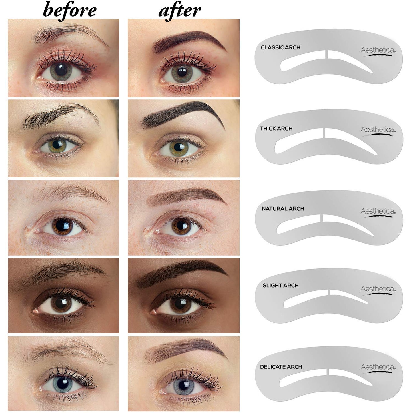 Sixteen piece eyebrow shaping set with stencils, dual brush, and setting wax close up.