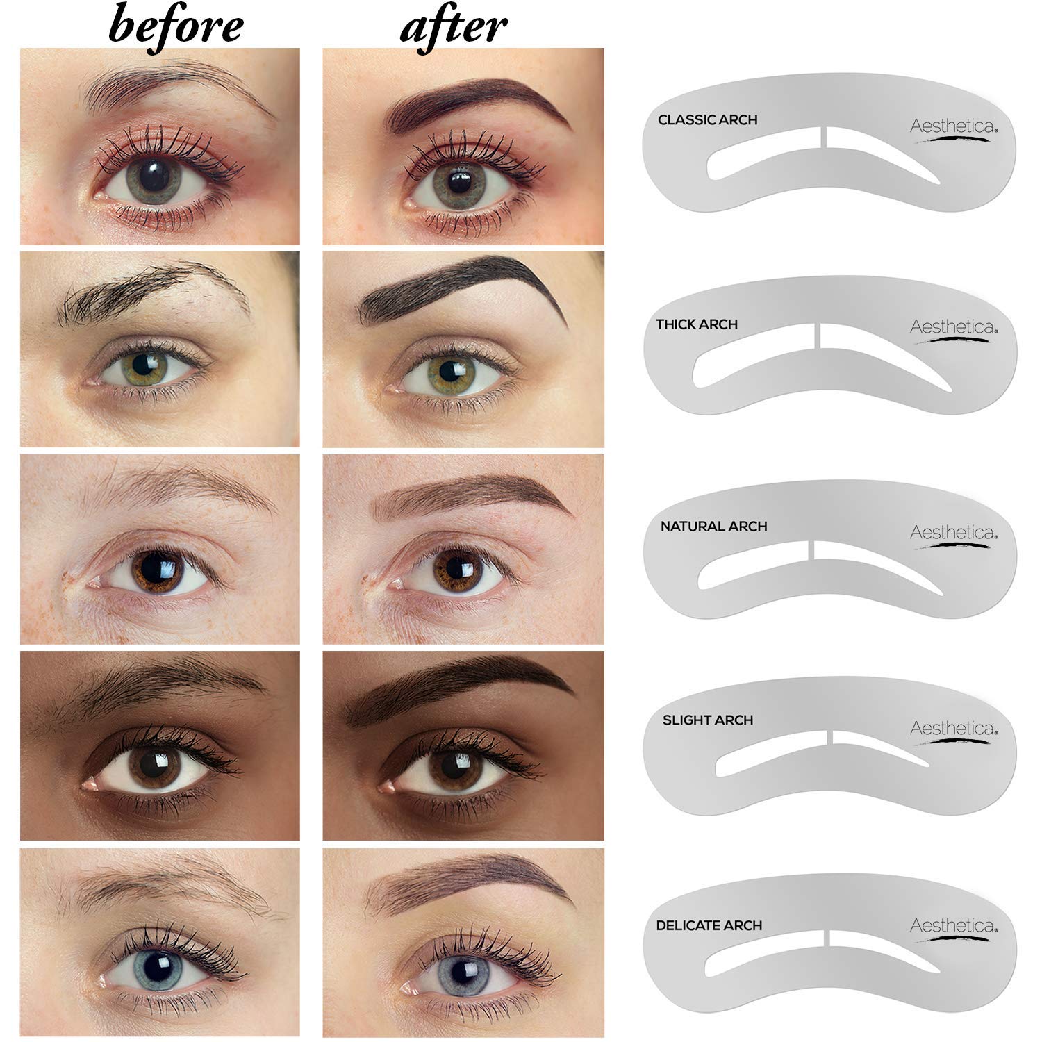 Sixteen piece eyebrow shaping set with stencils, dual brush, and setting wax close up.