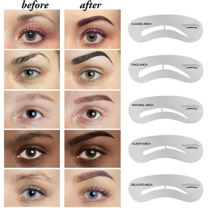 Sixteen piece eyebrow shaping set with stencils, dual brush, and setting wax close up.