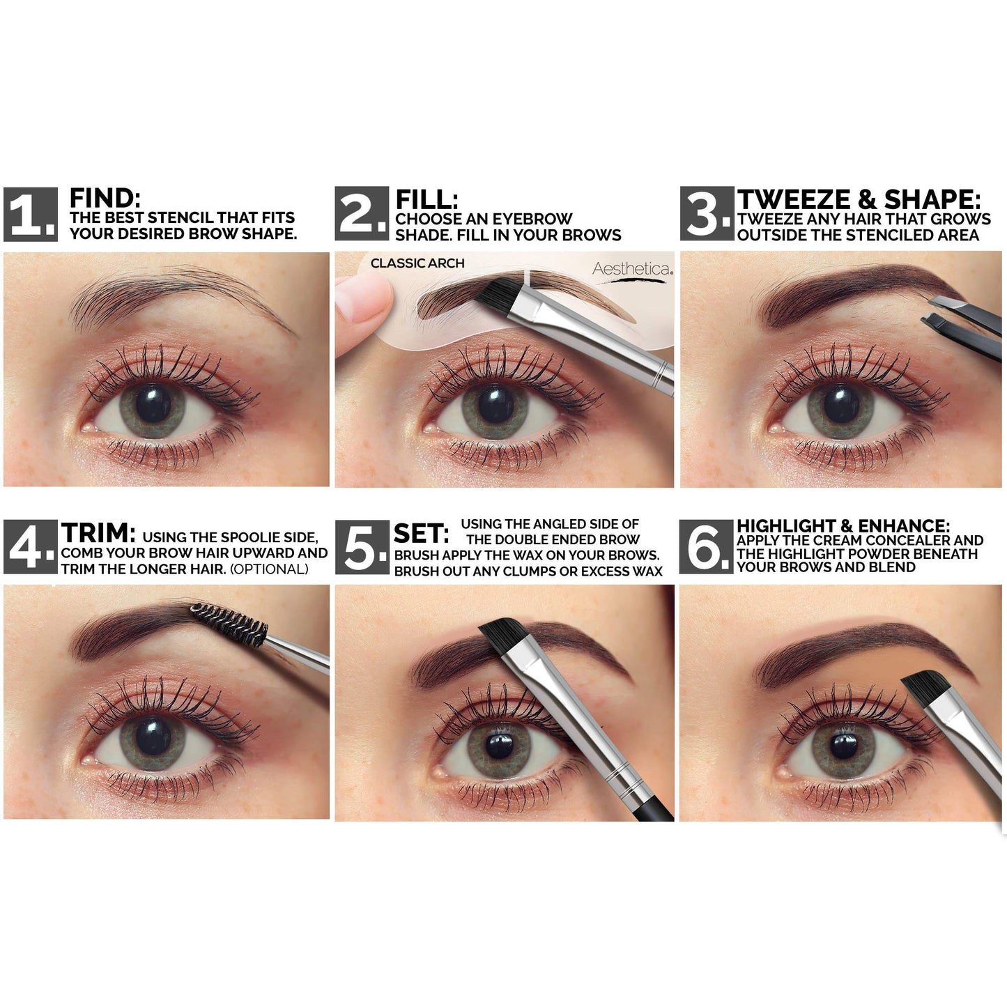 Aesthetica cosmetics travel friendly mirrored brow palette with highlighter and concealer.