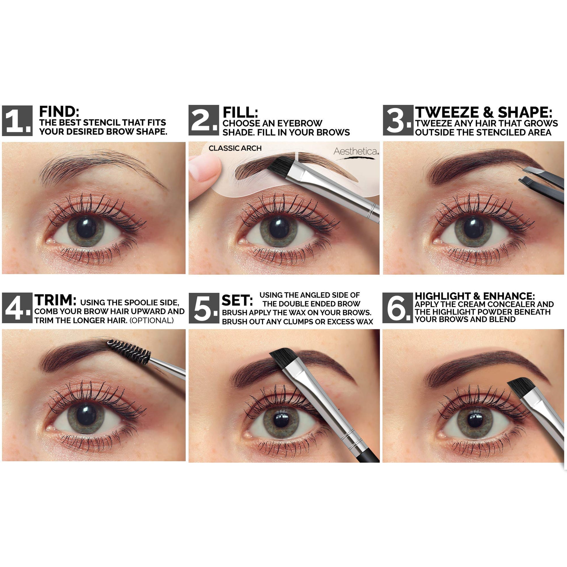Aesthetica cosmetics travel friendly mirrored brow palette with highlighter and concealer.