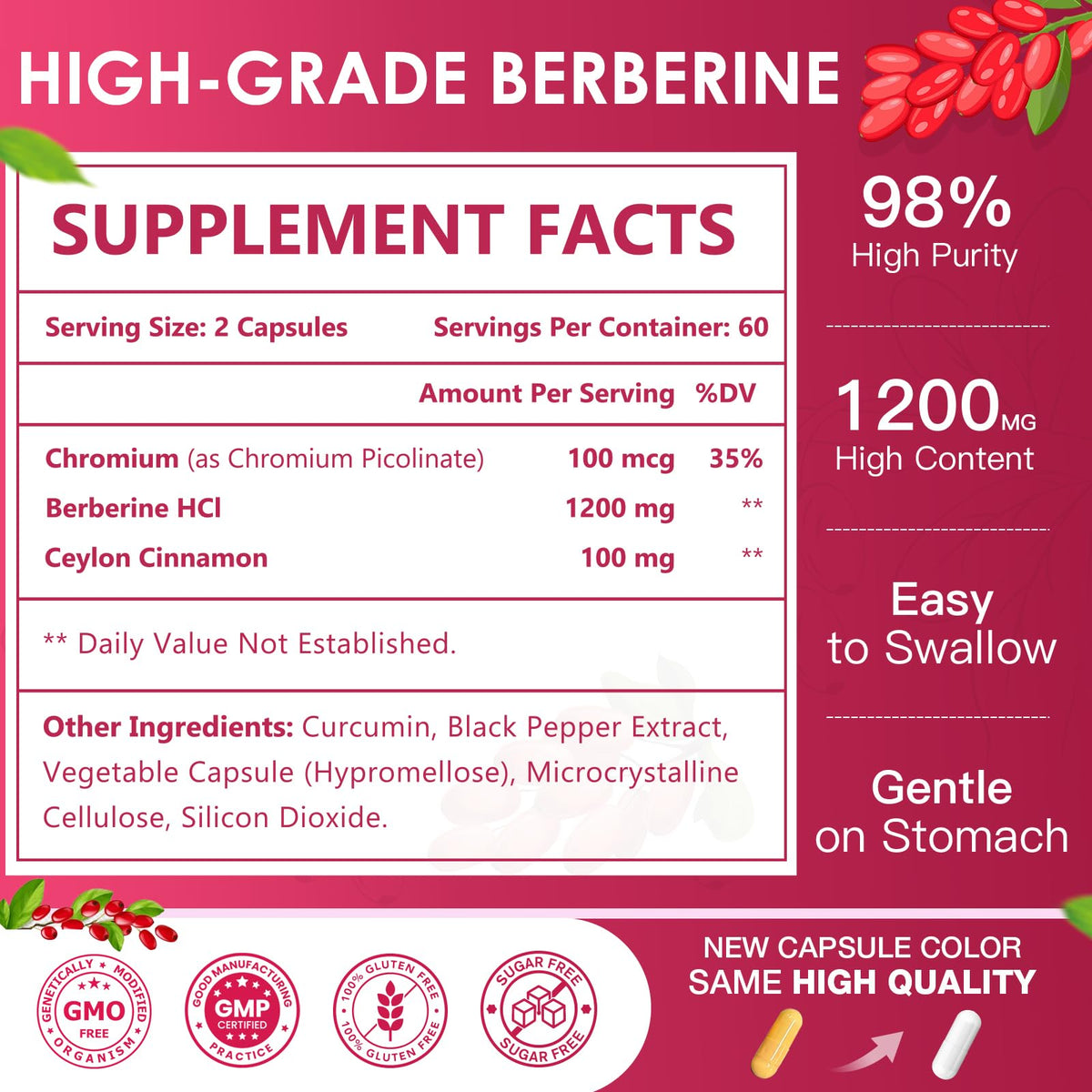 Nature Target Berberine Hcl 1200mg supplement label details