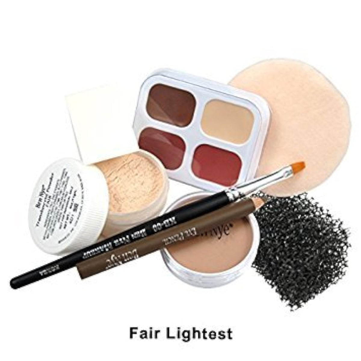 Ben Nye PK Zero makeup kit layout with foundation cream and applicator brushes