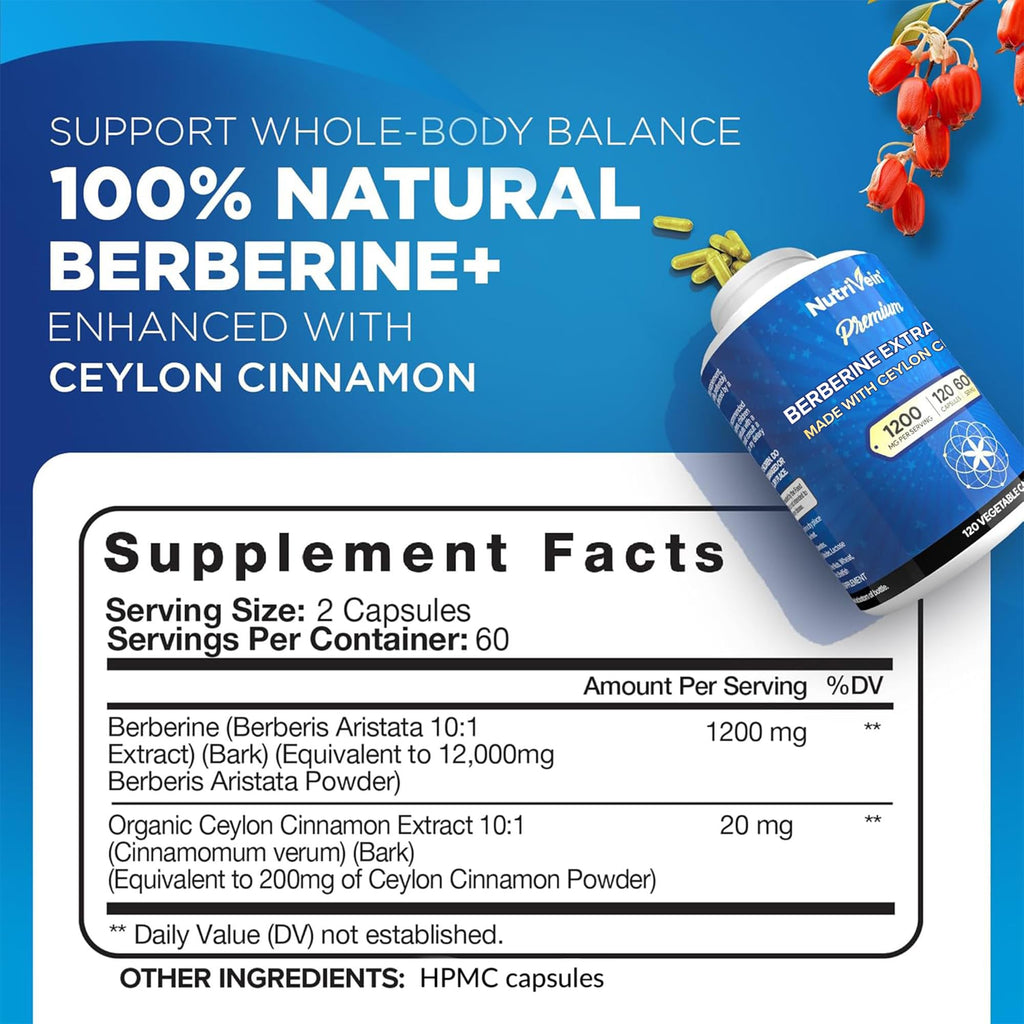 Close up of Nutrivein Berberine and Ceylon Cinnamon supplement label