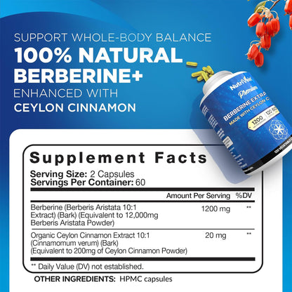 Close up of Nutrivein Berberine and Ceylon Cinnamon supplement label