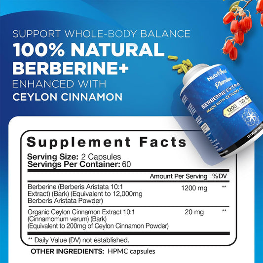 Close up of Nutrivein Berberine and Ceylon Cinnamon supplement label
