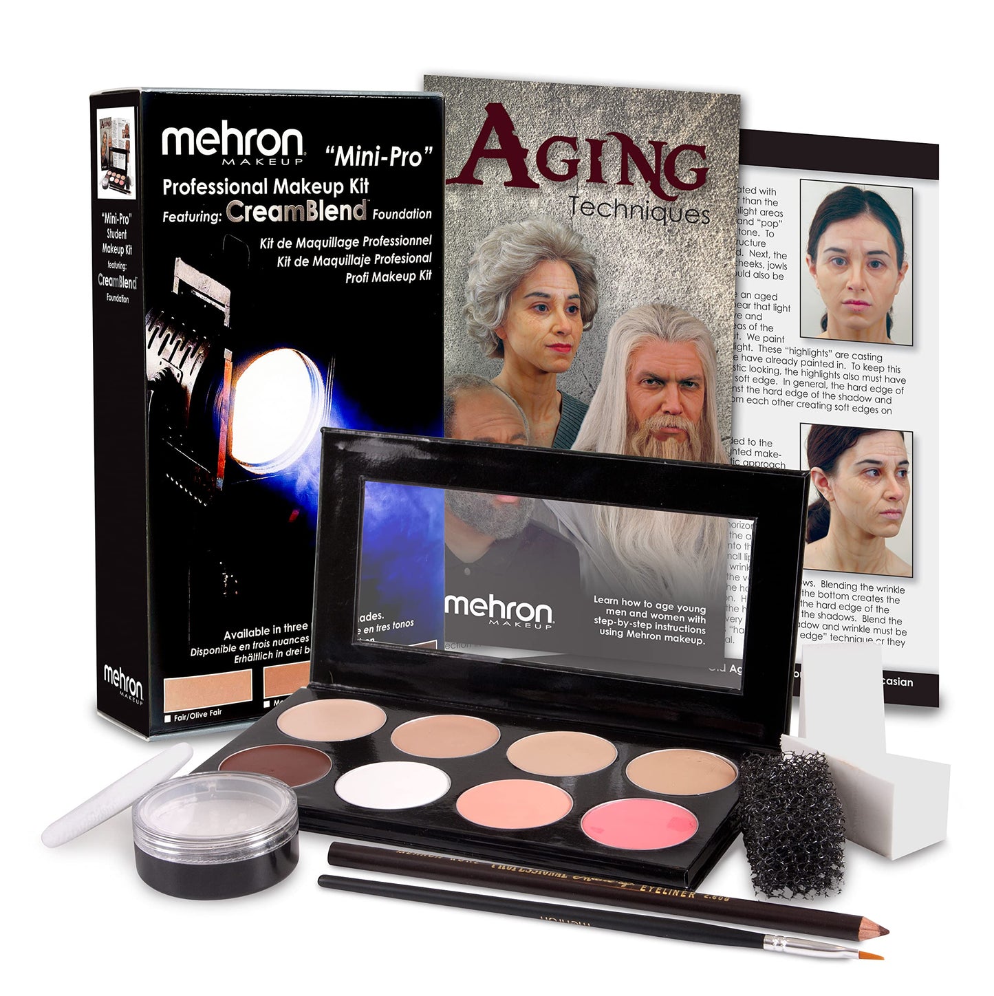 Open eight color cream palette from the Mehron Mini Pro theatrical student makeup kit.
