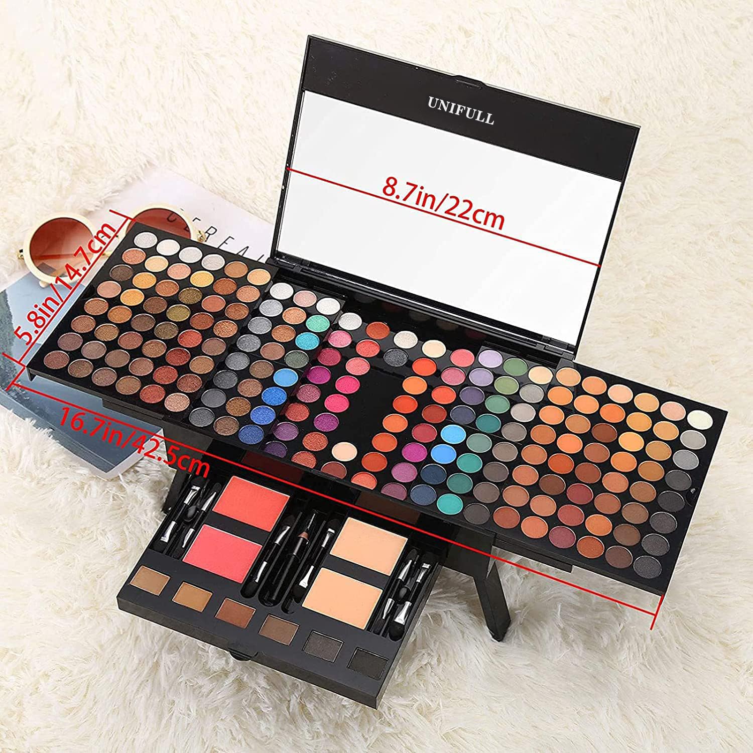 Miss Rose All In One Cosmetic Set displaying the integrated full-size big mirror and eyebrow powders.