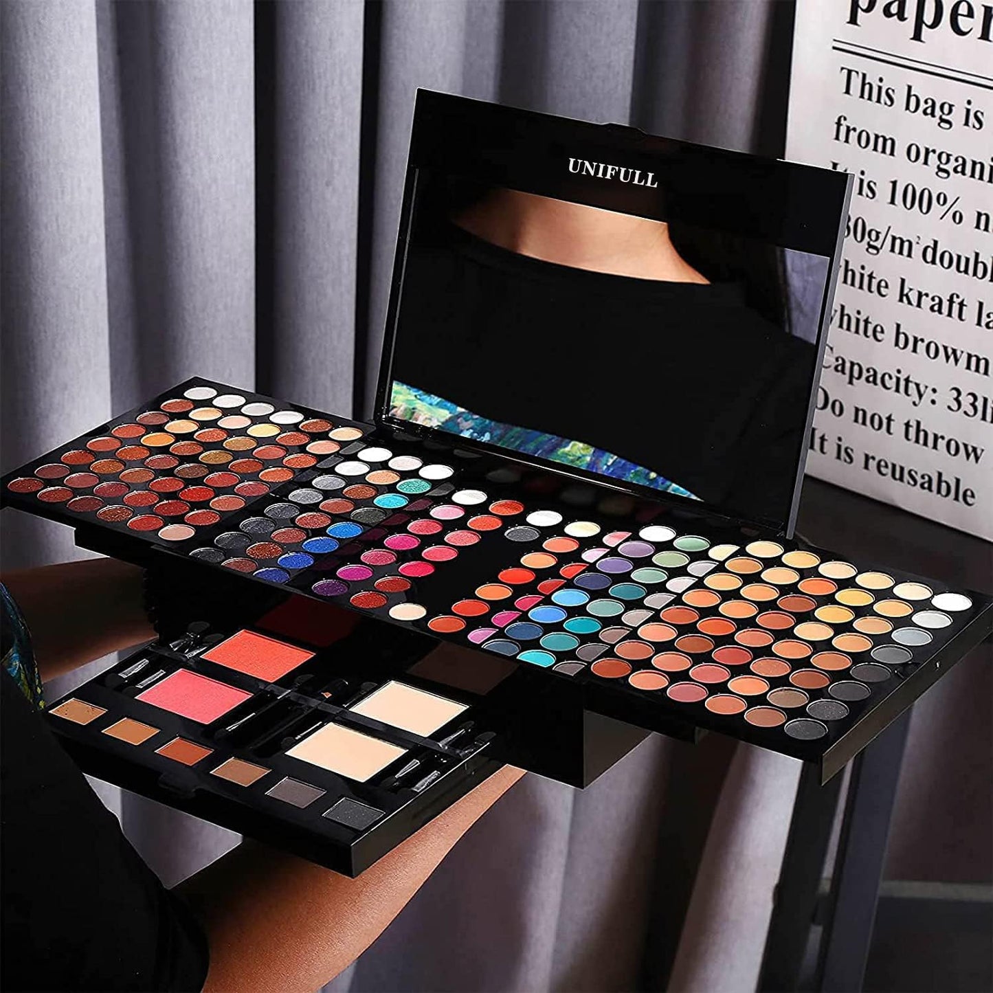 Miss Rose 190 Colors Makeup Kit showcasing the close-up texture of matte and shimmer pressed powders.