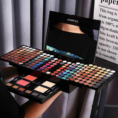 Miss Rose 190 Colors Makeup Kit showcasing the close-up texture of matte and shimmer pressed powders.