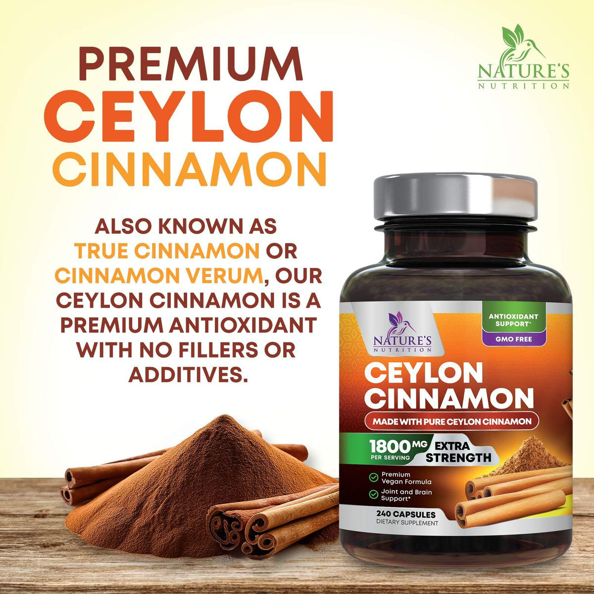 240 count bottle of Nature's Nutrition organic cinnamon capsules