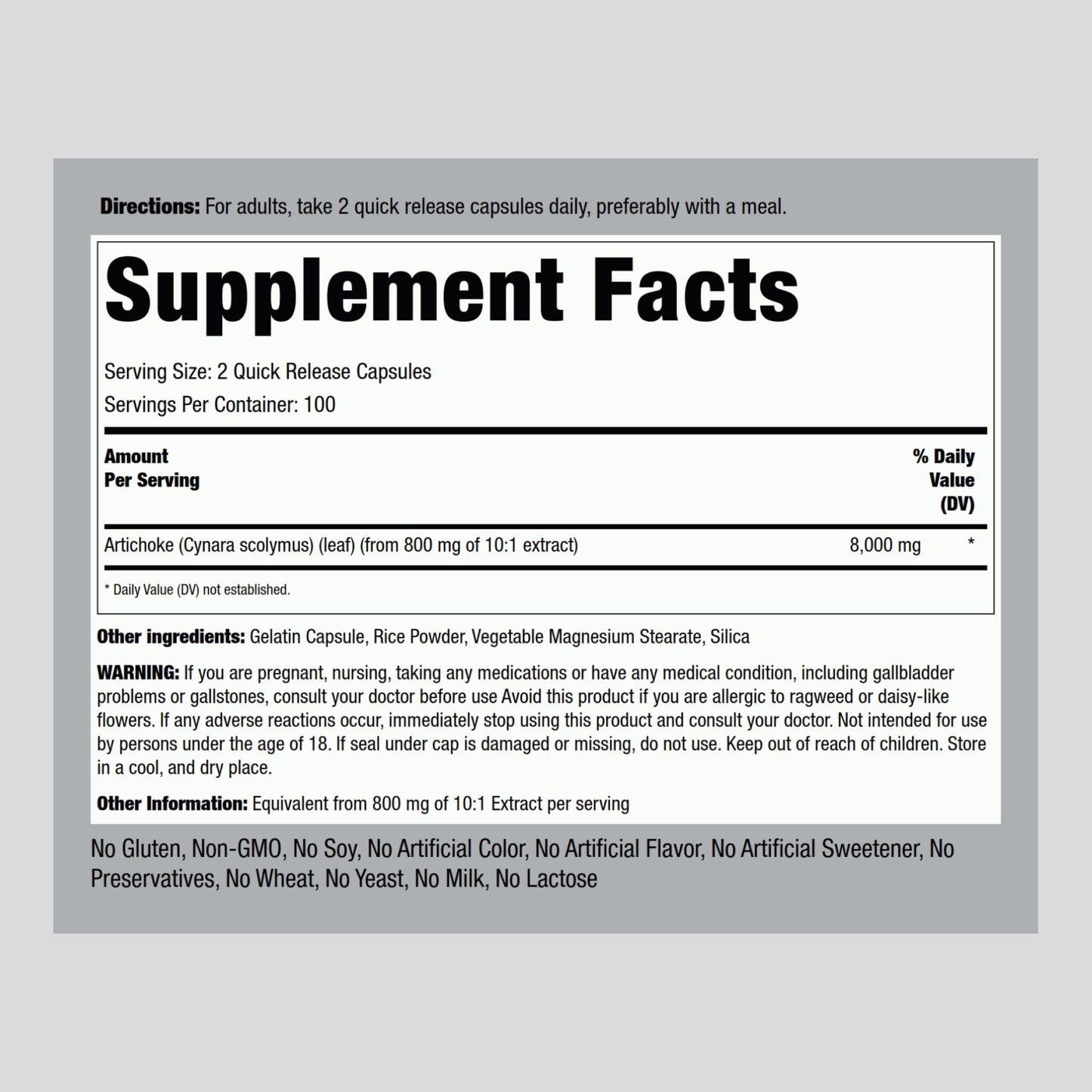 Piping Rock Cynara scolymus supplement bottle showing ingredients and quick release capsule details
