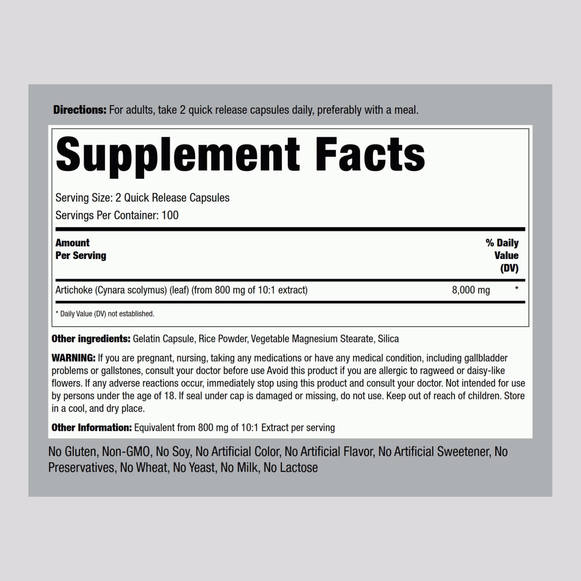 Piping Rock Cynara scolymus supplement bottle showing ingredients and quick release capsule details