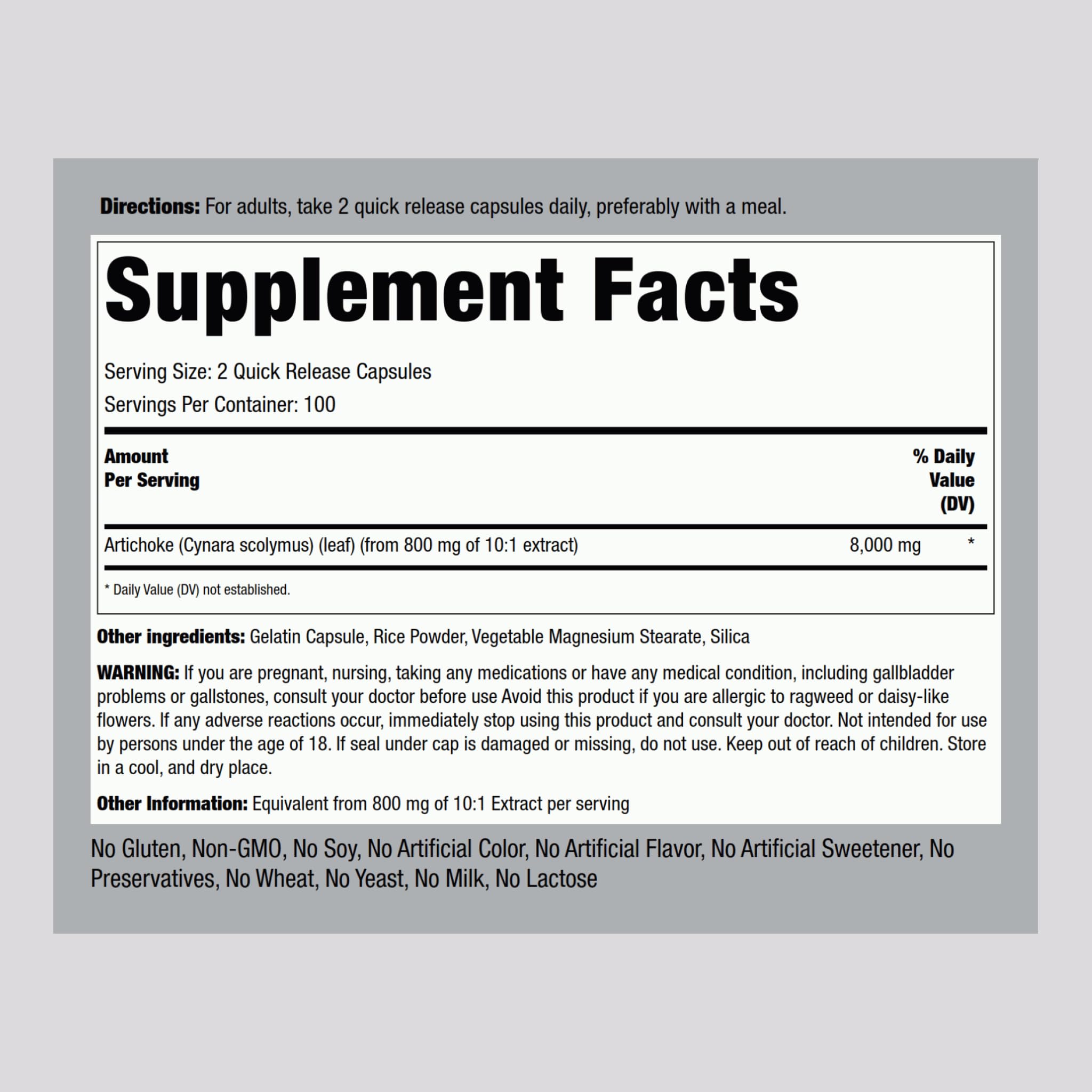 Piping Rock Cynara scolymus supplement bottle showing ingredients and quick release capsule details