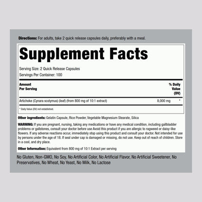 Piping Rock Cynara scolymus supplement bottle showing ingredients and quick release capsule details
