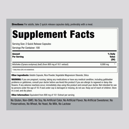 Piping Rock Cynara scolymus supplement bottle showing ingredients and quick release capsule details