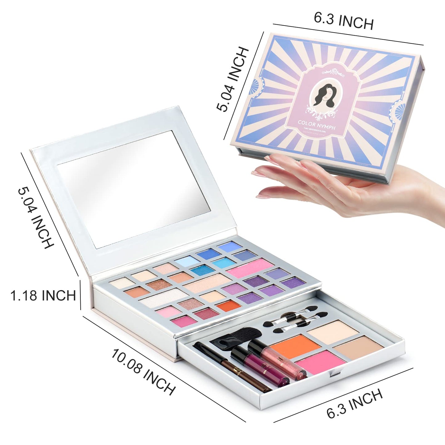 Color Nymph teens makeup set showing the brown eyeliner pencil and dual sided eyeshadow applicators.